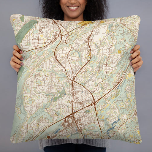 Person holding 22x22 Custom Hoover Alabama Map Throw Pillow in Woodblock