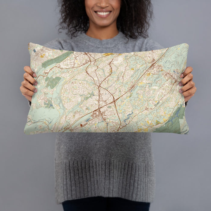 Person holding 20x12 Custom Hoover Alabama Map Throw Pillow in Woodblock