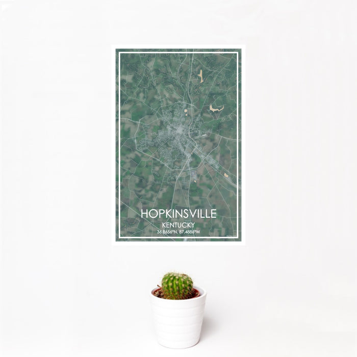 12x18 Hopkinsville Kentucky Map Print Portrait Orientation in Afternoon Style With Small Cactus Plant in White Planter