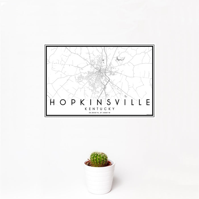 12x18 Hopkinsville Kentucky Map Print Landscape Orientation in Classic Style With Small Cactus Plant in White Planter