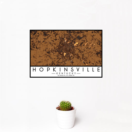 12x18 Hopkinsville Kentucky Map Print Landscape Orientation in Ember Style With Small Cactus Plant in White Planter