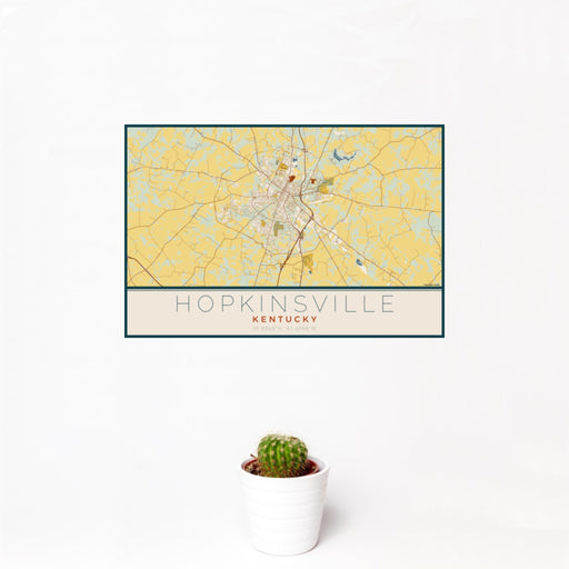 12x18 Hopkinsville Kentucky Map Print Landscape Orientation in Woodblock Style With Small Cactus Plant in White Planter