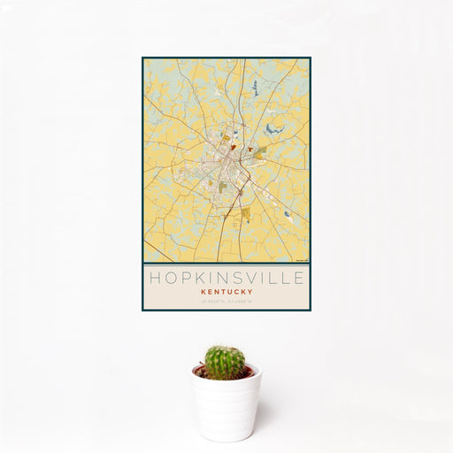 12x18 Hopkinsville Kentucky Map Print Portrait Orientation in Woodblock Style With Small Cactus Plant in White Planter