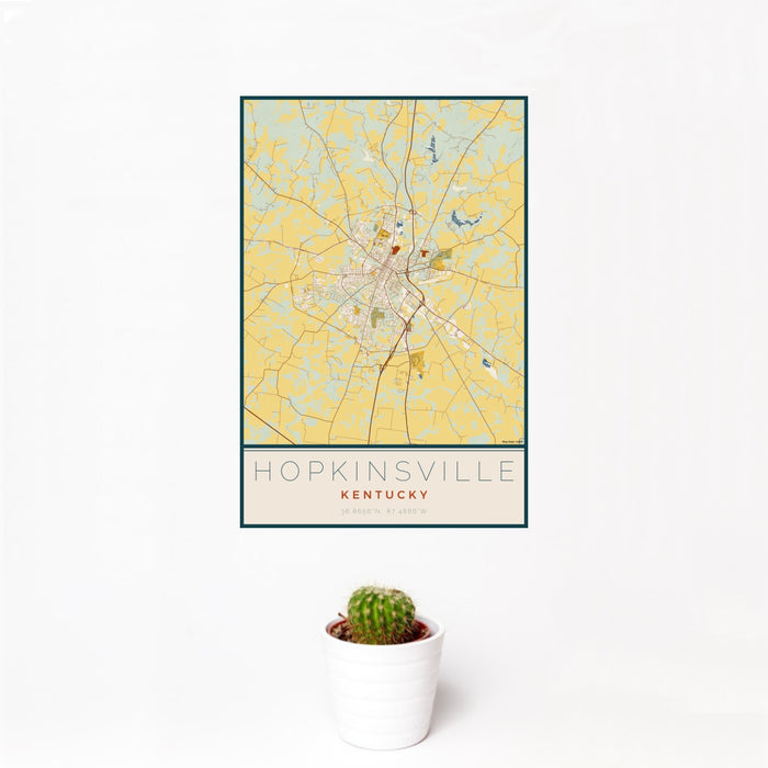 12x18 Hopkinsville Kentucky Map Print Portrait Orientation in Woodblock Style With Small Cactus Plant in White Planter