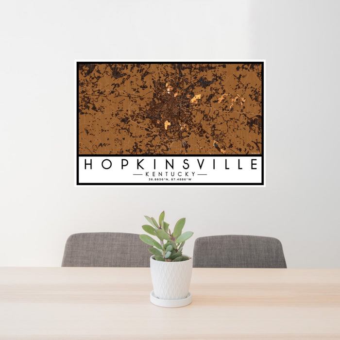 24x36 Hopkinsville Kentucky Map Print Lanscape Orientation in Ember Style Behind 2 Chairs Table and Potted Plant