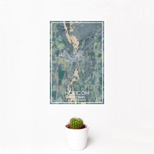 12x18 Horicon Wisconsin Map Print Portrait Orientation in Afternoon Style With Small Cactus Plant in White Planter