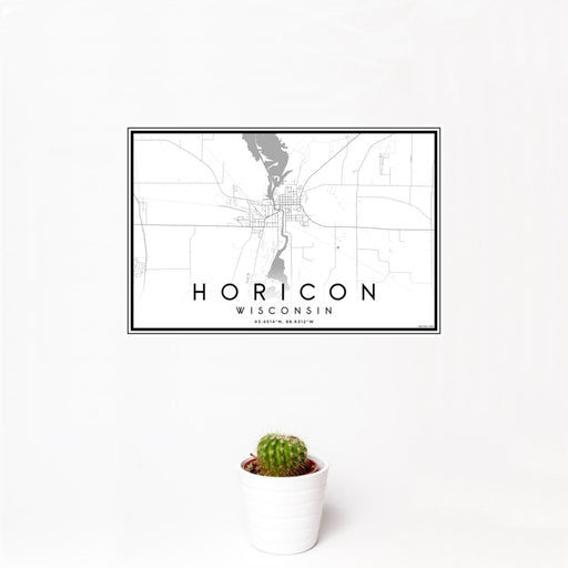 12x18 Horicon Wisconsin Map Print Landscape Orientation in Classic Style With Small Cactus Plant in White Planter