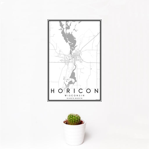 12x18 Horicon Wisconsin Map Print Portrait Orientation in Classic Style With Small Cactus Plant in White Planter