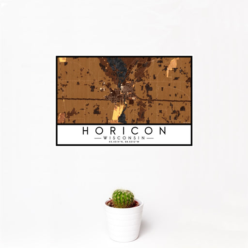 12x18 Horicon Wisconsin Map Print Landscape Orientation in Ember Style With Small Cactus Plant in White Planter