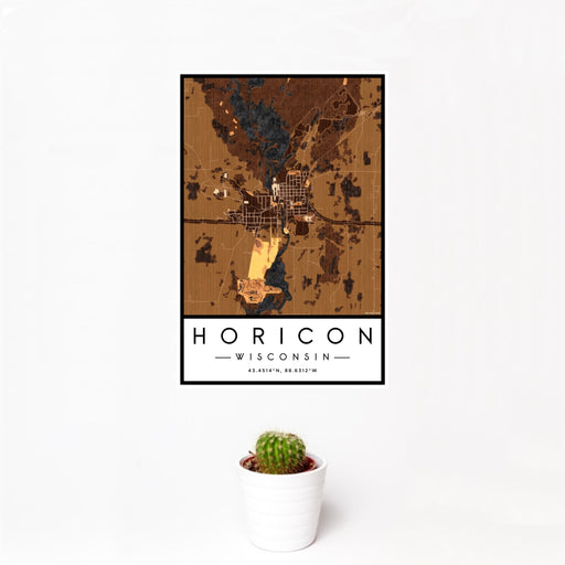 12x18 Horicon Wisconsin Map Print Portrait Orientation in Ember Style With Small Cactus Plant in White Planter