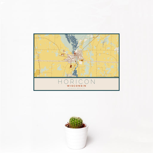 12x18 Horicon Wisconsin Map Print Landscape Orientation in Woodblock Style With Small Cactus Plant in White Planter