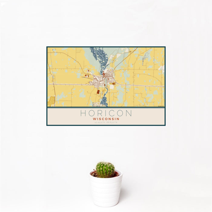 12x18 Horicon Wisconsin Map Print Landscape Orientation in Woodblock Style With Small Cactus Plant in White Planter