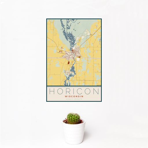 12x18 Horicon Wisconsin Map Print Portrait Orientation in Woodblock Style With Small Cactus Plant in White Planter