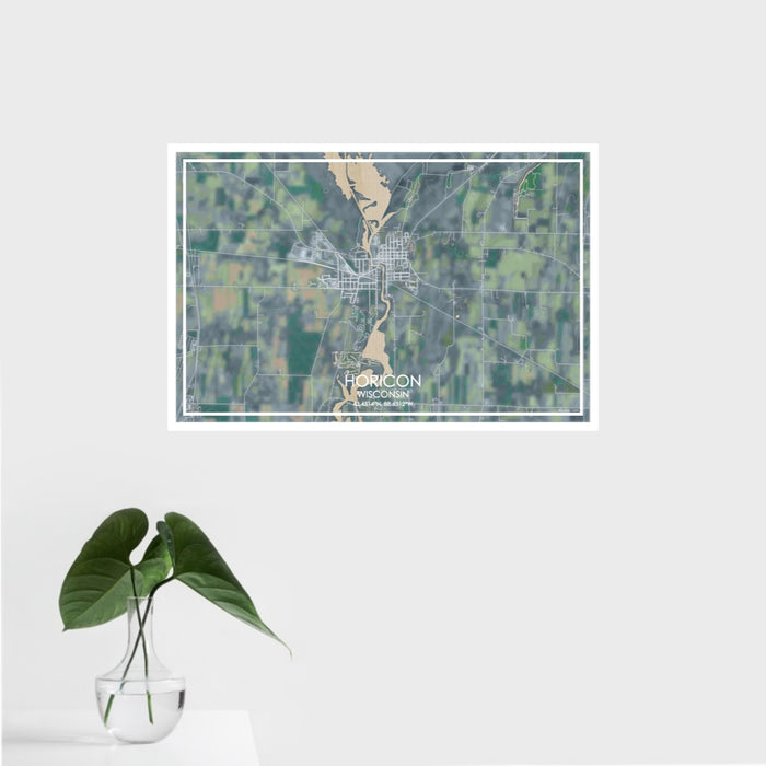 16x24 Horicon Wisconsin Map Print Landscape Orientation in Afternoon Style With Tropical Plant Leaves in Water