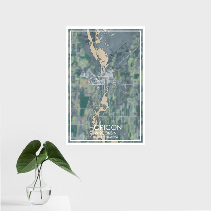 16x24 Horicon Wisconsin Map Print Portrait Orientation in Afternoon Style With Tropical Plant Leaves in Water