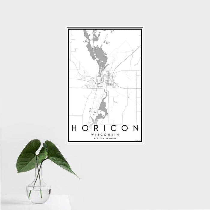 16x24 Horicon Wisconsin Map Print Portrait Orientation in Classic Style With Tropical Plant Leaves in Water