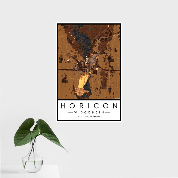 16x24 Horicon Wisconsin Map Print Portrait Orientation in Ember Style With Tropical Plant Leaves in Water