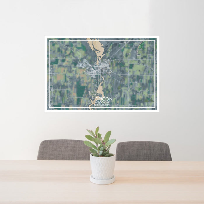 24x36 Horicon Wisconsin Map Print Lanscape Orientation in Afternoon Style Behind 2 Chairs Table and Potted Plant