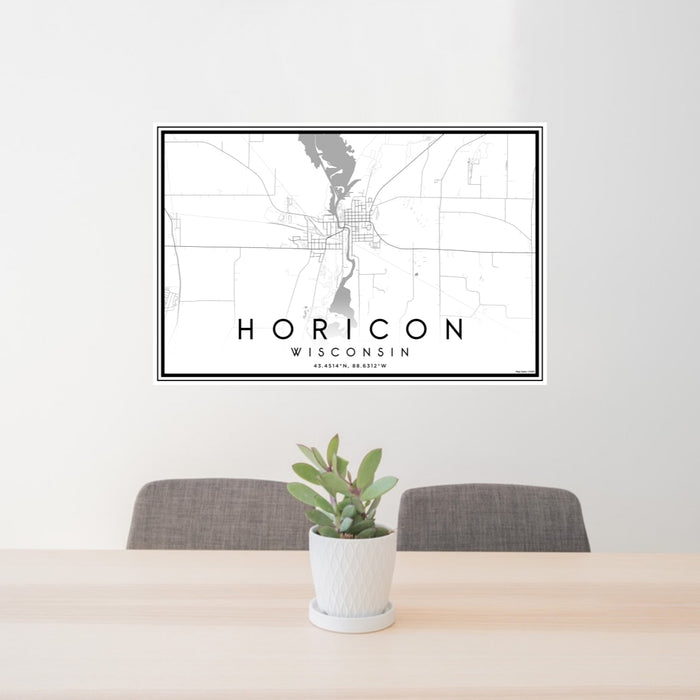 24x36 Horicon Wisconsin Map Print Lanscape Orientation in Classic Style Behind 2 Chairs Table and Potted Plant