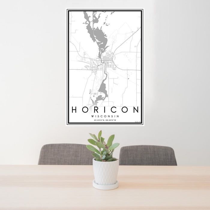 24x36 Horicon Wisconsin Map Print Portrait Orientation in Classic Style Behind 2 Chairs Table and Potted Plant