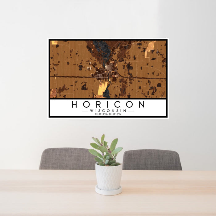 24x36 Horicon Wisconsin Map Print Lanscape Orientation in Ember Style Behind 2 Chairs Table and Potted Plant