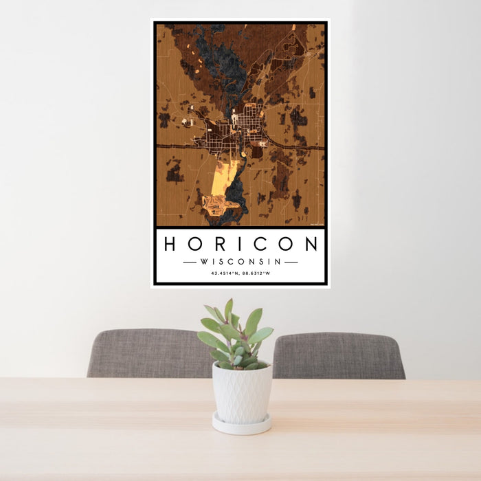 24x36 Horicon Wisconsin Map Print Portrait Orientation in Ember Style Behind 2 Chairs Table and Potted Plant