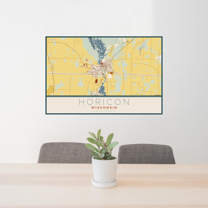 24x36 Horicon Wisconsin Map Print Lanscape Orientation in Woodblock Style Behind 2 Chairs Table and Potted Plant