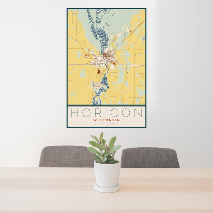 24x36 Horicon Wisconsin Map Print Portrait Orientation in Woodblock Style Behind 2 Chairs Table and Potted Plant