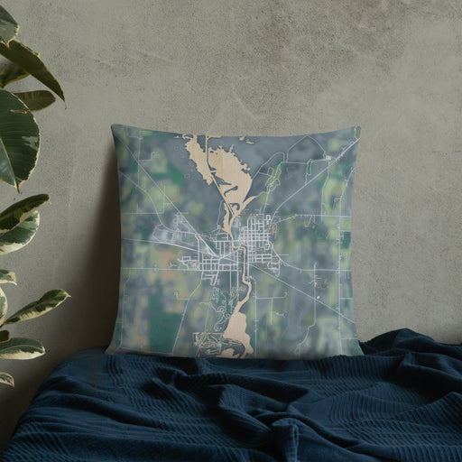 Custom Horicon Wisconsin Map Throw Pillow in Afternoon on Bedding Against Wall