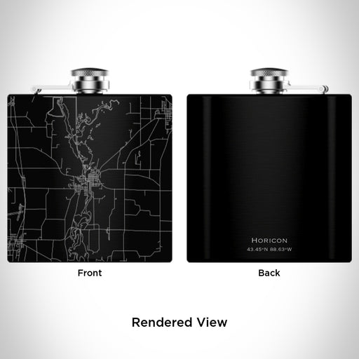Rendered View of Horicon Wisconsin Map Engraving on 6oz Stainless Steel Flask in Black