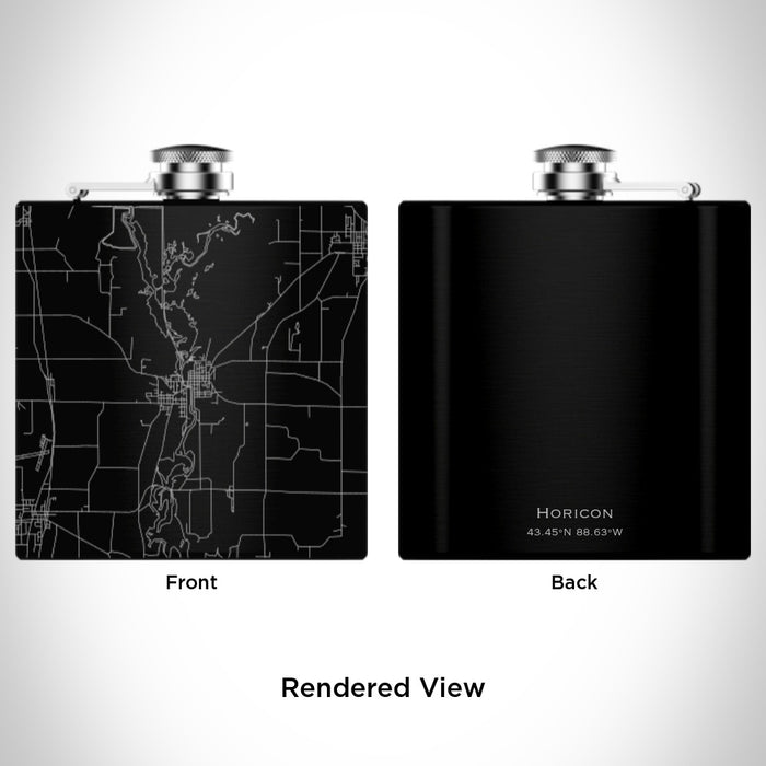Rendered View of Horicon Wisconsin Map Engraving on 6oz Stainless Steel Flask in Black
