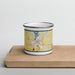 Front View Custom Horicon Wisconsin Map Enamel Mug in Woodblock on Cutting Board