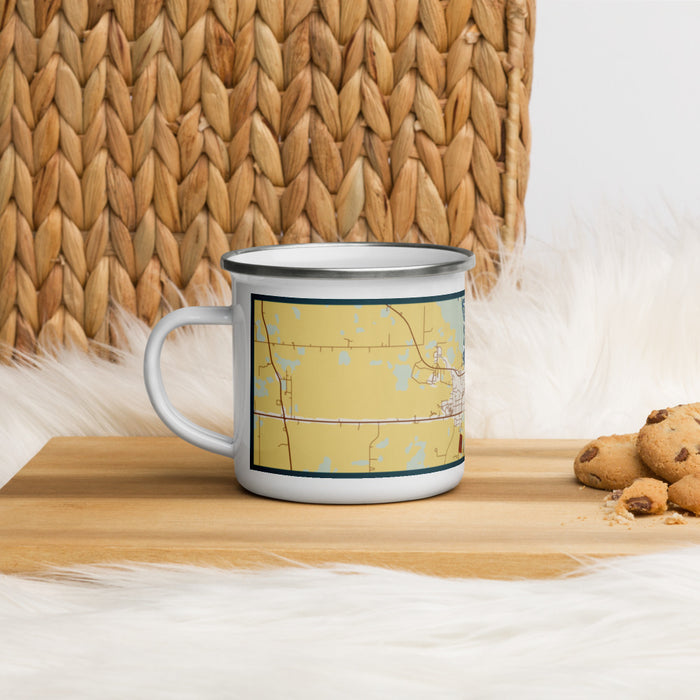 Left View Custom Horicon Wisconsin Map Enamel Mug in Woodblock on Table Top