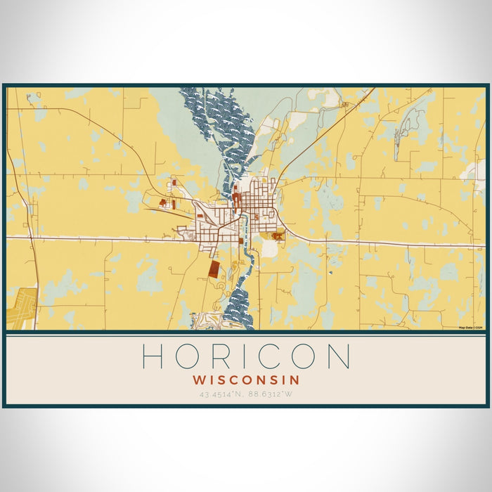 Horicon Wisconsin Map Print Landscape Orientation in Woodblock Style With Shaded Background