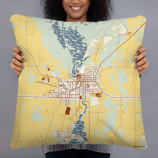 Person holding 22x22 Custom Horicon Wisconsin Map Throw Pillow in Woodblock