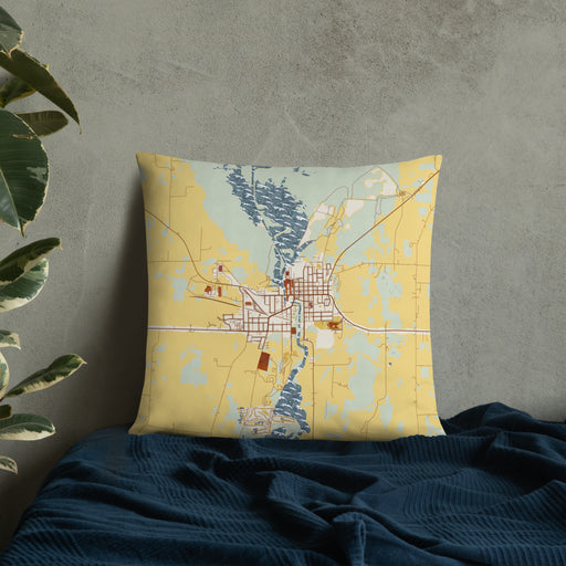 Custom Horicon Wisconsin Map Throw Pillow in Woodblock on Bedding Against Wall