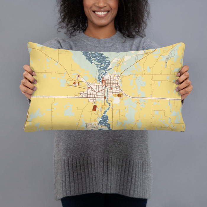 Person holding 20x12 Custom Horicon Wisconsin Map Throw Pillow in Woodblock