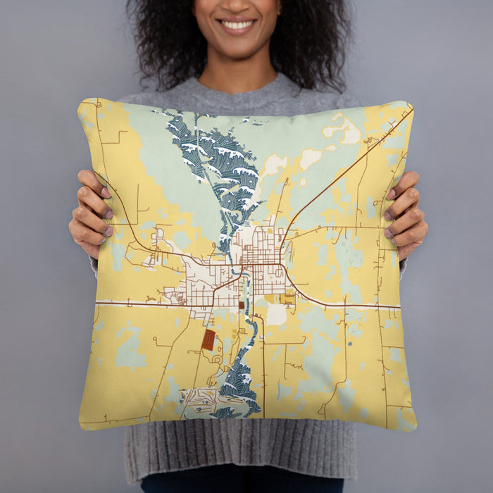 Person holding 18x18 Custom Horicon Wisconsin Map Throw Pillow in Woodblock