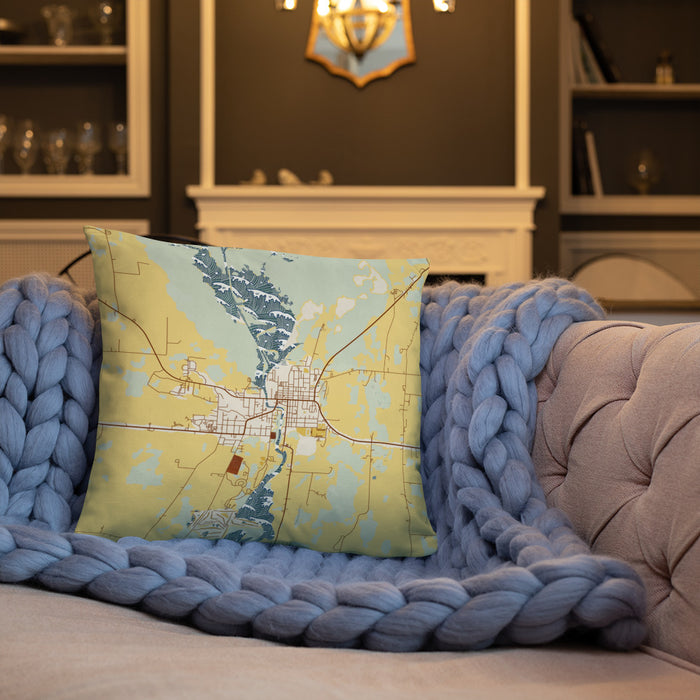 Custom Horicon Wisconsin Map Throw Pillow in Woodblock on Cream Colored Couch
