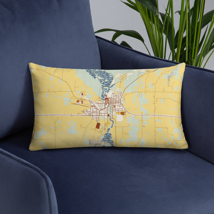 Custom Horicon Wisconsin Map Throw Pillow in Woodblock on Blue Colored Chair
