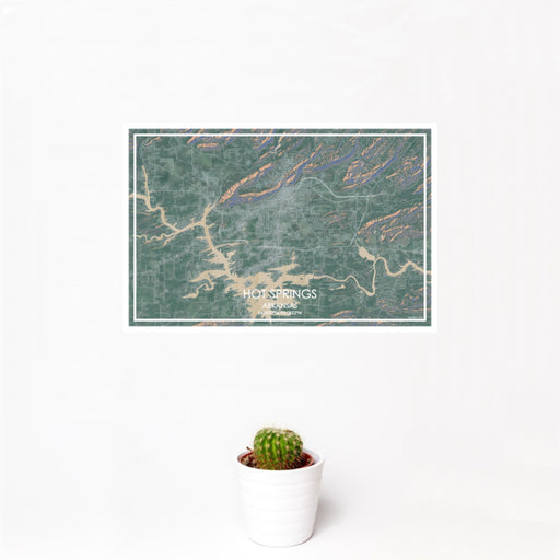 12x18 Hot Springs Arkansas Map Print Landscape Orientation in Afternoon Style With Small Cactus Plant in White Planter