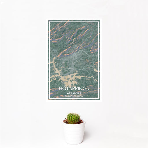 12x18 Hot Springs Arkansas Map Print Portrait Orientation in Afternoon Style With Small Cactus Plant in White Planter