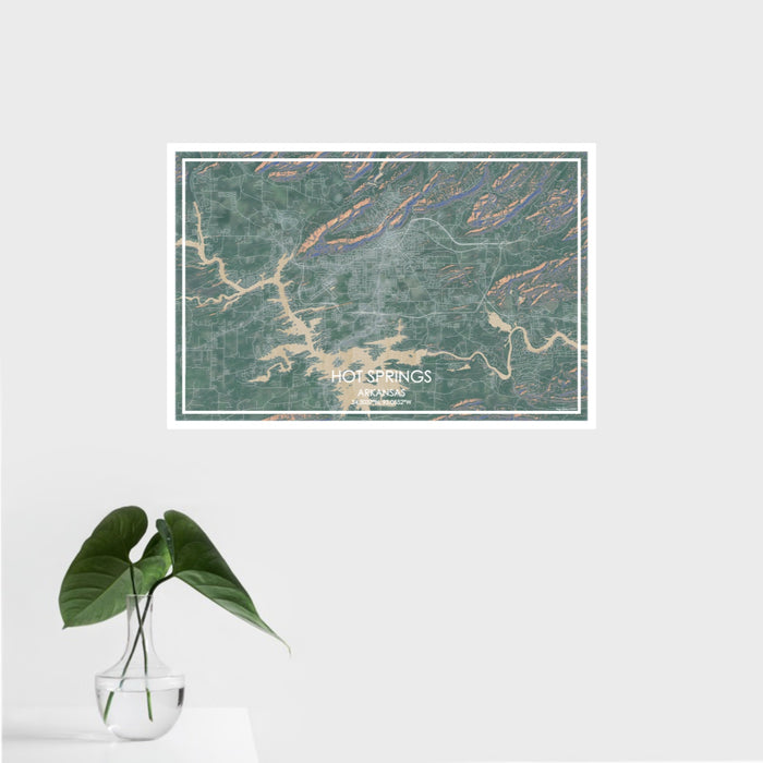 16x24 Hot Springs Arkansas Map Print Landscape Orientation in Afternoon Style With Tropical Plant Leaves in Water