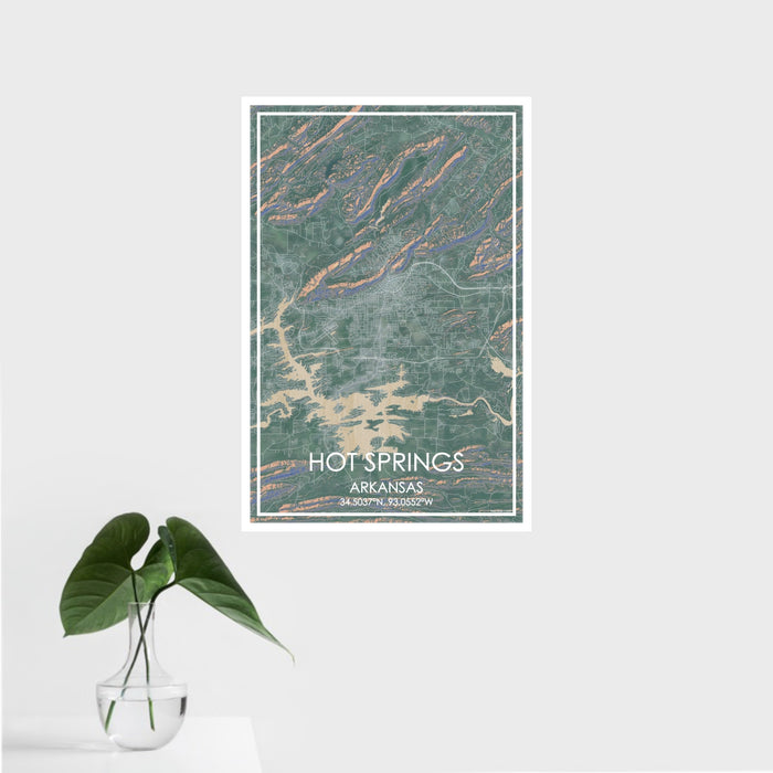 16x24 Hot Springs Arkansas Map Print Portrait Orientation in Afternoon Style With Tropical Plant Leaves in Water