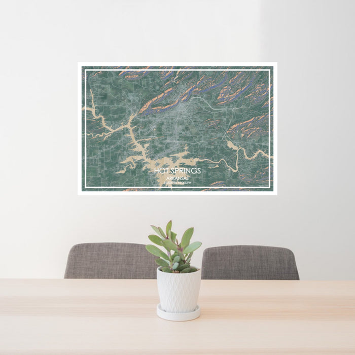 24x36 Hot Springs Arkansas Map Print Lanscape Orientation in Afternoon Style Behind 2 Chairs Table and Potted Plant