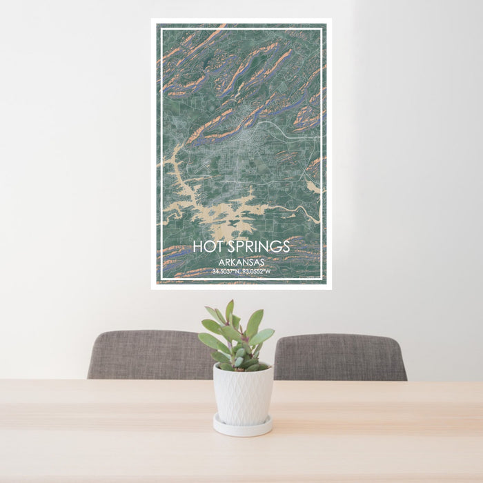 24x36 Hot Springs Arkansas Map Print Portrait Orientation in Afternoon Style Behind 2 Chairs Table and Potted Plant