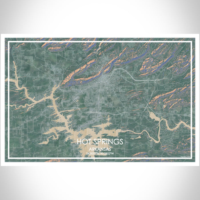 Hot Springs Arkansas Map Print Landscape Orientation in Afternoon Style With Shaded Background