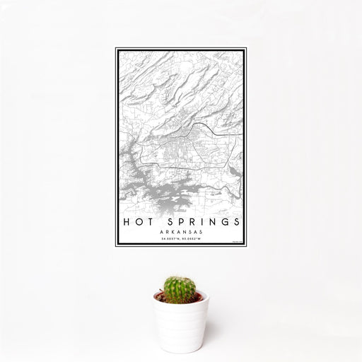 12x18 Hot Springs Arkansas Map Print Portrait Orientation in Classic Style With Small Cactus Plant in White Planter