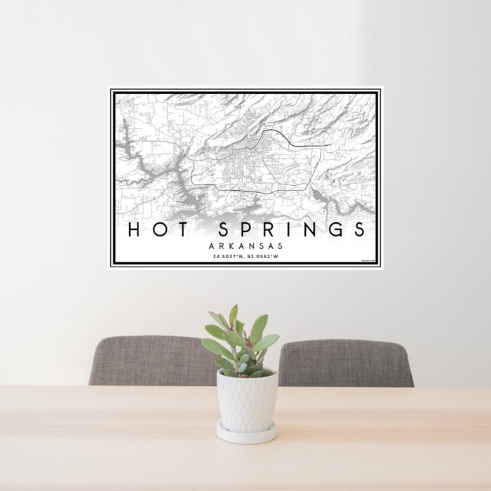 24x36 Hot Springs Arkansas Map Print Landscape Orientation in Classic Style Behind 2 Chairs Table and Potted Plant