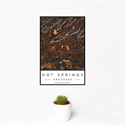 12x18 Hot Springs Arkansas Map Print Portrait Orientation in Ember Style With Small Cactus Plant in White Planter